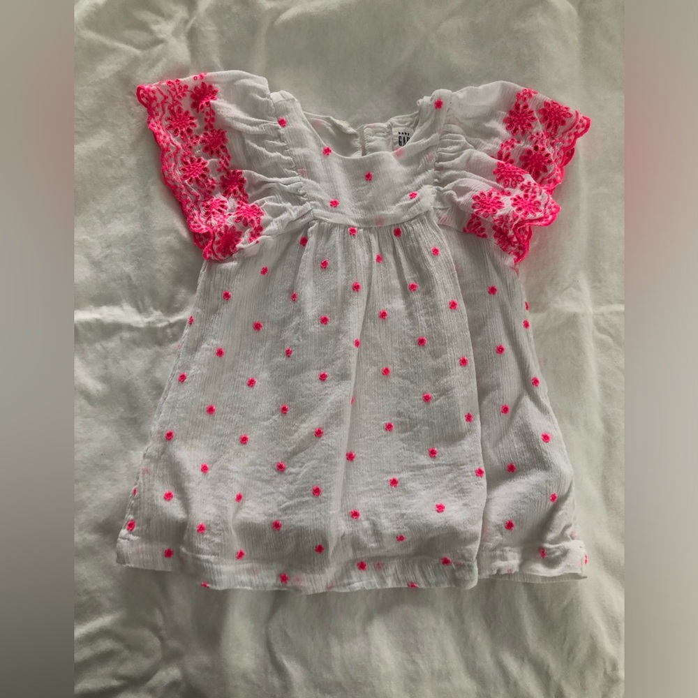 GAP White Babydoll Shirt Dress with Neon Pink Embroidered Floral & Lace Sleeves